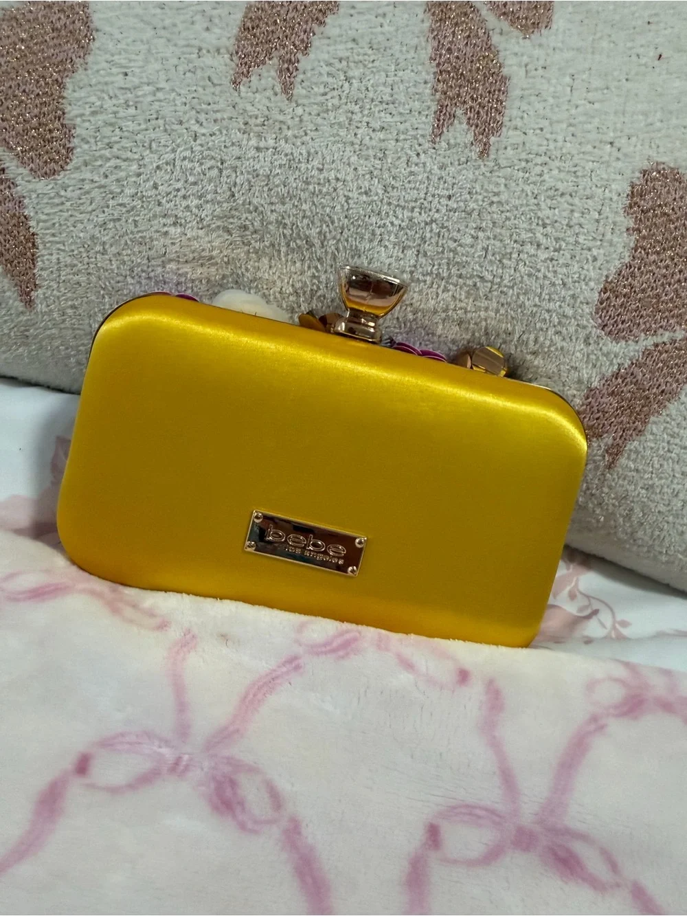 bebe Yellow Floral Sequin Embellished Clutch